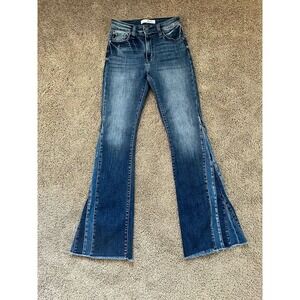 KanCan Jeans Women's 5/26 Stonewash High Rise Flare Fly Wide Hem Piecing